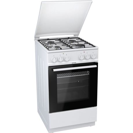 Aragaz Gorenje K5141WH, Mixt, Cuptor electric 62 L, 4 arzatoare gaz, 9 functii gatire cuptor, Grill, Autocuratare AquaClean, Capac metalic, Alb