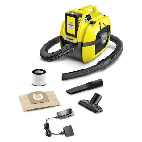 Aspirator Karcher WD 1 Compact Battery 11983000, Umed/uscat, Functioneaza cu acumulator de 18 V (nu este inclus), 7 L, Autonomie 10 - 20 min., Duza pentru tapiterii, Funcție de suflantă, Negru/Galben