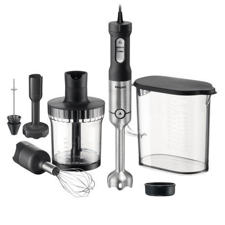 Blender de mana Philips Avance Collection HR1655/90, 600W, 20 viteze, Bol oval de 1.7 l, Tel, Zdrobitor, Dispozitiv pentru spumat de lapte, Tocator XL, Negru/Inox