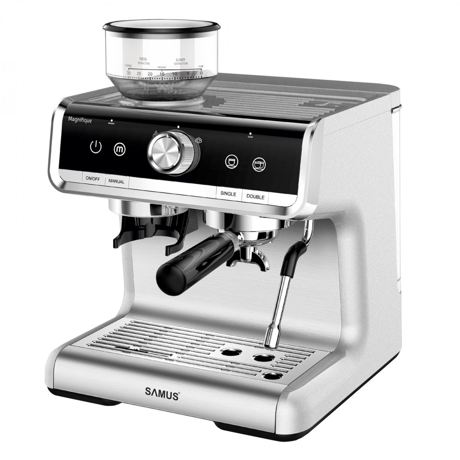 Espressor Samus MAGNIFIQUE, 1550 W, 15 bar, 2.8 L, Rasnita integrata, Thermal Block, 2 filtre inox, Argintiu