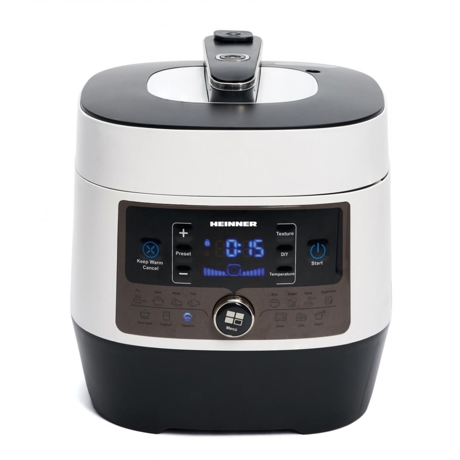 Multicooker cu gatire la presiune Heinner HPCK-6WH, Capacitate de gatire 3.3 L, 14 programe, Vas antiaderent detasabil, Timer, Presiune reglabila, Display LED, Alb