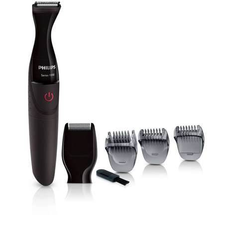 Masina de tuns barba Philips Multigroom MG1100/16, Baterie, 3 piepteni, 4 trepte, Negru/Rosu