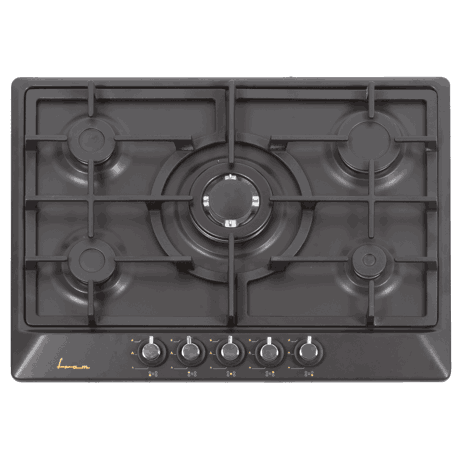 Plita incorporabila Fram FBH-S705IWF-RBK, Gaz, 5 arzatoare (1 WOK), Aprindere electrica, Siguranta gaz, Gratar fonta, 70 cm, Design rustic, Negru