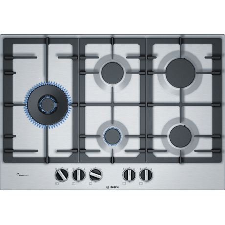 Plita incorporabila Bosch PCS7A5B90, Serie 6, 75 cm, inox, plita pe gaz cu tehnologie FlameSelect, 5 arzatoare, 1 WOK, suporturi din fonta