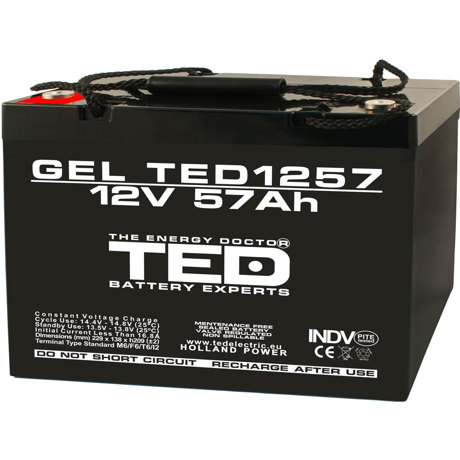  Acumulator TED AGM VRLA 12V 57A GEL dimensiuni 229mm x 138mm x h208mm