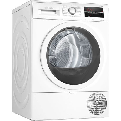 Uscător de rufe cu condensare si pompa de caldura Bosch WTR85T00BY, 9 kg, Tehnologie AutoDry, Touch control, Display LED, Alb