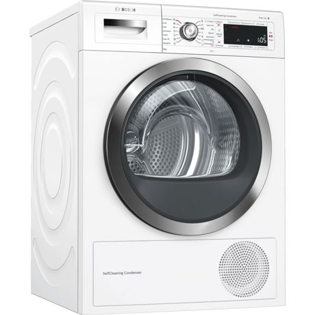 Uscător de rufe cu condensare si pompă de căldură Bosch WTW855H0BY, 9 kg, Home Connect, AutoDry Technology, Afişaj LED, Buton rotativ/Taste touchControl, Iluminare interioară LED, Alb				