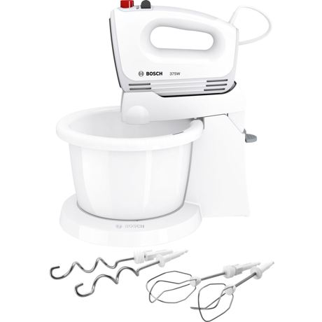 Mixer cu bol Bosch CleverMixx MFQ2600G, 375 W, 4 viteze+Turbo, Accesorii frământare, Accesorii mixare, Vas plastic, Alb/Gri inchis