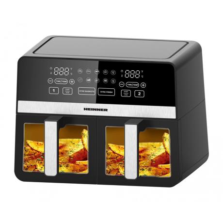 Friteuza dubla cu aer cald Heinner SimCook HAF-K10DB24BK, 2400W, capacitate 9.5L, termostat reglabil cu afisaj LED, control digital individual, 10 programe prestabilite, temporizator 60 min. cu avertizare sonora, Negru