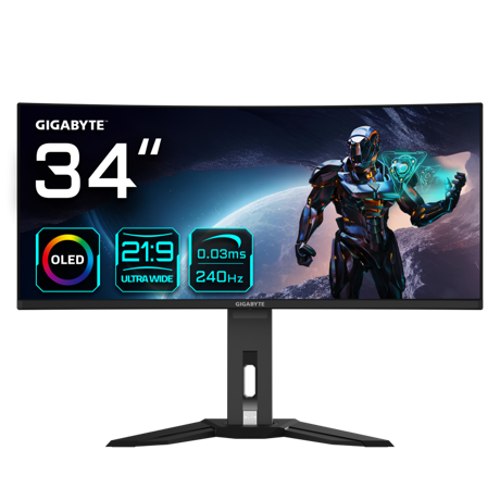 Monitor Gaming Gigabyte MO34WQC2; Panel Size (diagonala): 34", Display Viewing Area (HxV): 800.06.736x337.06 (mm), True Resolution: 3440 x 1440(WQHD); Brightness (Max.): 250 cd/m2 (TYP); Response Time: 0.03ms GTG, Signal Input: HDMI 2.0 x2, Display port 1.4 x1, 4x USB, Earphone, Jack, VESA Wall