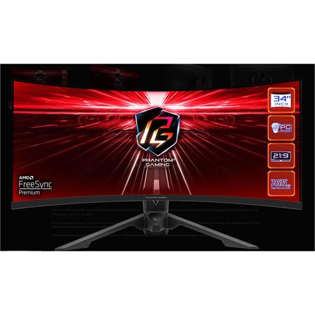 Asrock 34" Curved Gaming Monitor, Rezolutie: WQHD 3440x1440, Refresh rate: 165Hz, Timp raspuns: 1ms (MPRT), unghi vizualizare: 178, Flicker free, Interfata: 2 x HDMI™ 2.0,1 x DisplayPort™ 1.4, antena WI-FI integrata, Anti-Glare, Luminozitate:550 cd/m², Contrast: 3000:1, culori: 16.7m, Difuzoare