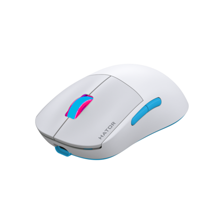 Mouse wireless Hator Quasar 2 Pro, conectivitate 2.4GHz, bluetooth si USB, polling rate pana la 1000Hz, senzor PixArt 3395, rezolutie maxima 26000 DPI, capacitate baterie 600 mAh, durata de viata baterie in modul wireless pana la 100 ore, timp incarcare 2 ore, switch  Kailh GM X White Sword, alb -