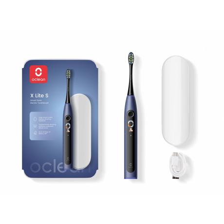 Set periuta de dinti smart sonica Oclean X Lite, Functii: Motor Maglev 72,000 miscari/min, 5 moduri, 65 dB, Capacitate baterie: 1100 mAh, durata utilizare: pana la 40 zile, IPX7 waterproof, perie Professional Clean, culoare: albastru, continut pachet: periuta, carcasa pentru calatorie, cablu de