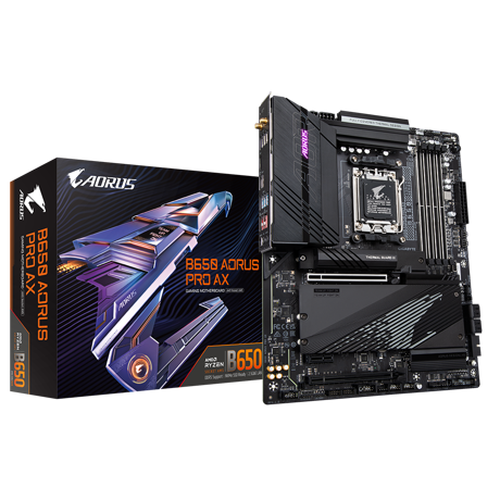 Placa de baza Gigabyte B650 AORUS PRO AX AM5, B650 Chipset, Supports 7000 series AMD Ryzen, 4x DIMM Slots, DDR5 6600MHz, PCIe Gen 4, 4x SATA 6Gb/s connectors, 3xM.2 Slot, 2.5GB LAN, USB Type-C, WIFI 6E, ATX