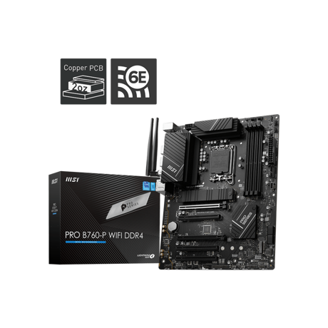 Placa de baza MSI PRO B760-P WIFI DDR4 LGA1700  SPECIFICATIONS Model Name PRO B760-P WIFI DDR4 CPU Support Supports 12th/ 13th Gen Intel® Core™ Processors, Pentium® Gold and Celeron® Processors CPU Socket LGA 1700 Chipset Intel® B760 Chipset Expansion Slots 2x PCIe 4.0 x16 slots 3x PCIe 3.0 x1 slots