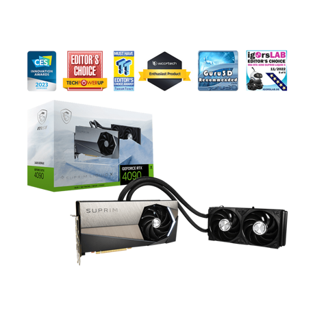 Placa video MSI GeForce RTX 4090 SUPRIM X 24G 912-V510-011 / 4711377019224  SPECIFICATIONS Model Name GeForce RTX™ 4090 SUPRIM LIQUID X 24G Graphics Processing Unit NVIDIA®  GeForce RTX™ 4090 Interface PCI Express®  Gen 4 Core Clocks Extreme Performance: 2640 MHz (MSI Center) Boost: 2625 MHz (GAMING