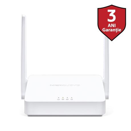 Router Wireless Mercusys N 300 Mbps, MW301R; Standarde Wireless: IEEE 802.11n, IEEE 802.11g, IEEE 802.11b, Frecventa: 2.4 - 2.4835GHz, Rata semnal: 11n: Up to 300Mbp, 11g: Up to 54Mbps, 11b: Up to 11Mbps, Interfata: 2 10/100Mbps LAN, 1 10/100Mbps WAN, Antene: 2x 5dBi.