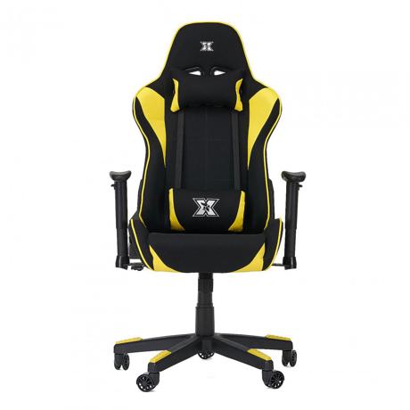 Scaun gaming X by Serioux, Torin, ajustabil, material textil, piston pe gaz, manere reglabile, baza stea cu 5 picioare, greutate maxima admisa150Kg, perne detasabile, negru si galben