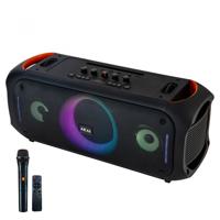 Boxa portabila Akai cu microfon fara fir si telecomanda, bluetooth 5.3 putere 80W, puterea de emisie a canalului BT 2 dbm, baterie 7,4 V, 6000 mAh, tip baterie Litiu-ion, radio FM 87.5-108MHz, frecventa microfonului 2402-2480 MHz, cu intrare AUX, slot USB si card TF, formate audio acceptate MP3