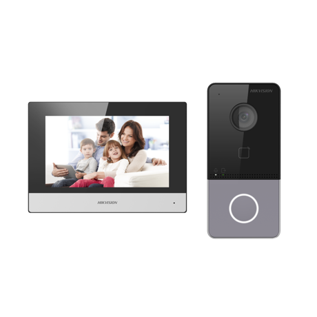 Kit videointercom IP Hikvision DS-KIS603-P(C) Flash 32 MB,memorie RAM 256MB,Indoor station: Supports live view of up to 16 IP cameras,7-inch touch screen, user friendly interface, Plug ＆ Play,Receives video call and unlocks on mobile App anywhere, any time, Hight quality imaging with 2MP resolution