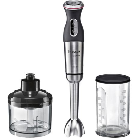 Blender de mana Bosch MS8CM6120, 1000 W, Inox, cutit cu 4 lame din otel,12 trepte de putere si functie Turbo