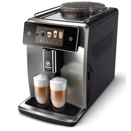 Espresor Saeco SM8785/00, 22 tipuri de cafea, 8 profiluri, Ecran color 5.4", Conexiune WI-FI, Tehnologie CoffeMaestro, Argintiu/Negru