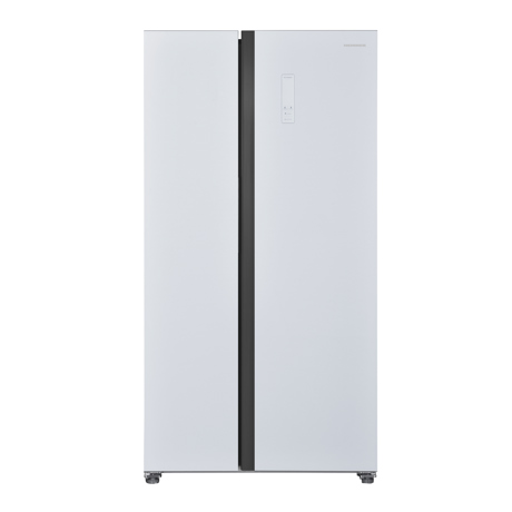 Side by side Heinner HSBS-H442NFGWHE++, Full No frost, 442 L, Display Touch, Functie Eco, Super congelare, Functie SMART, H 177 cm, Usi Sticla alba/Grey, cabinet gri